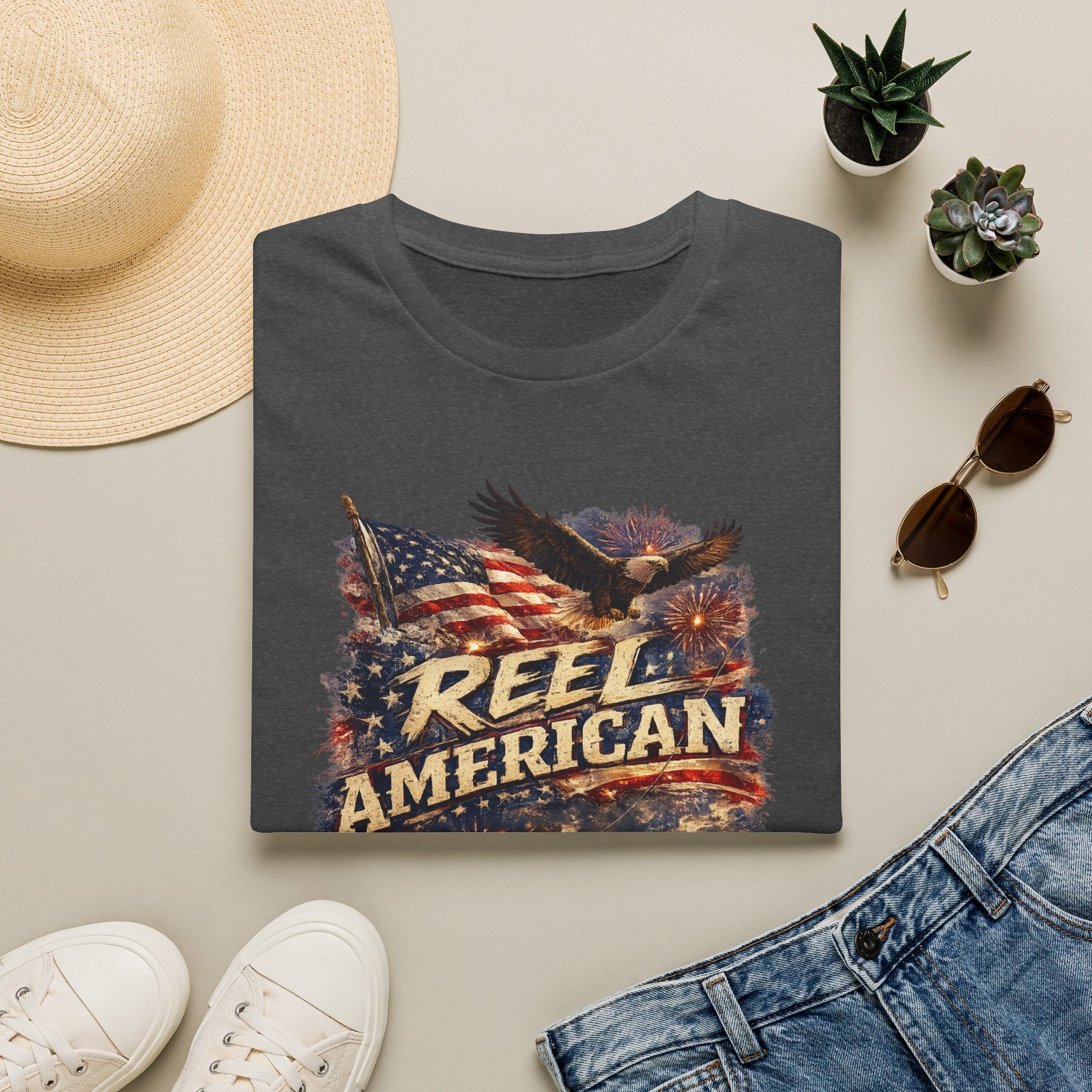 "Reel American" Eagle T-Shirt — Patriotic Fishing Shirt with Flag & Bald Eagle