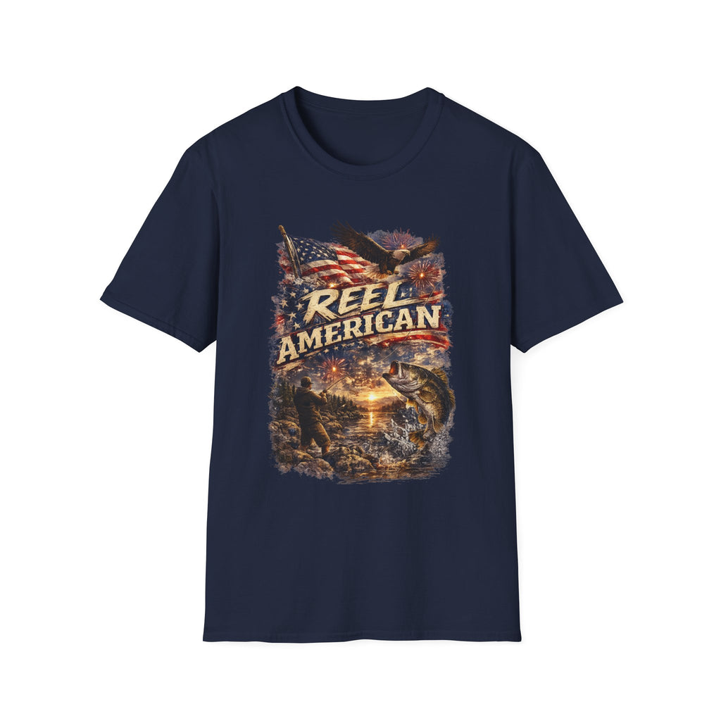 "Reel American" Eagle T-Shirt — Patriotic Fishing Shirt with Flag & Bald Eagle