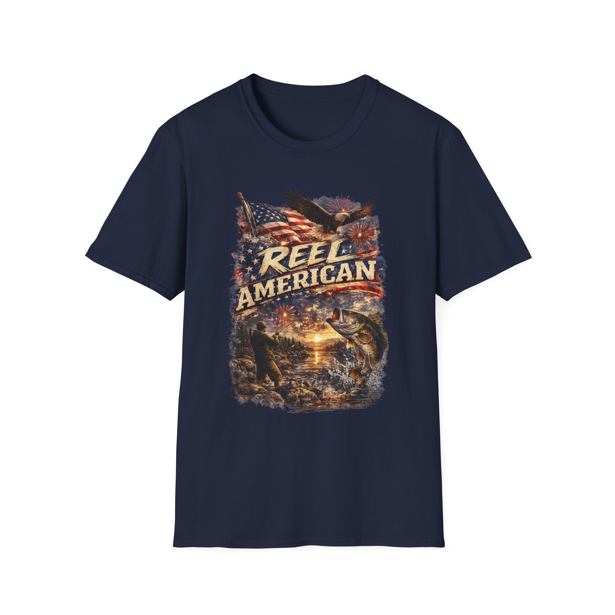 "Reel American" Eagle T-Shirt — Patriotic Fishing Shirt with Flag & Bald Eagle