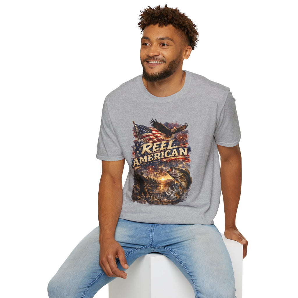 "Reel American" Eagle T-Shirt — Patriotic Fishing Shirt with Flag & Bald Eagle