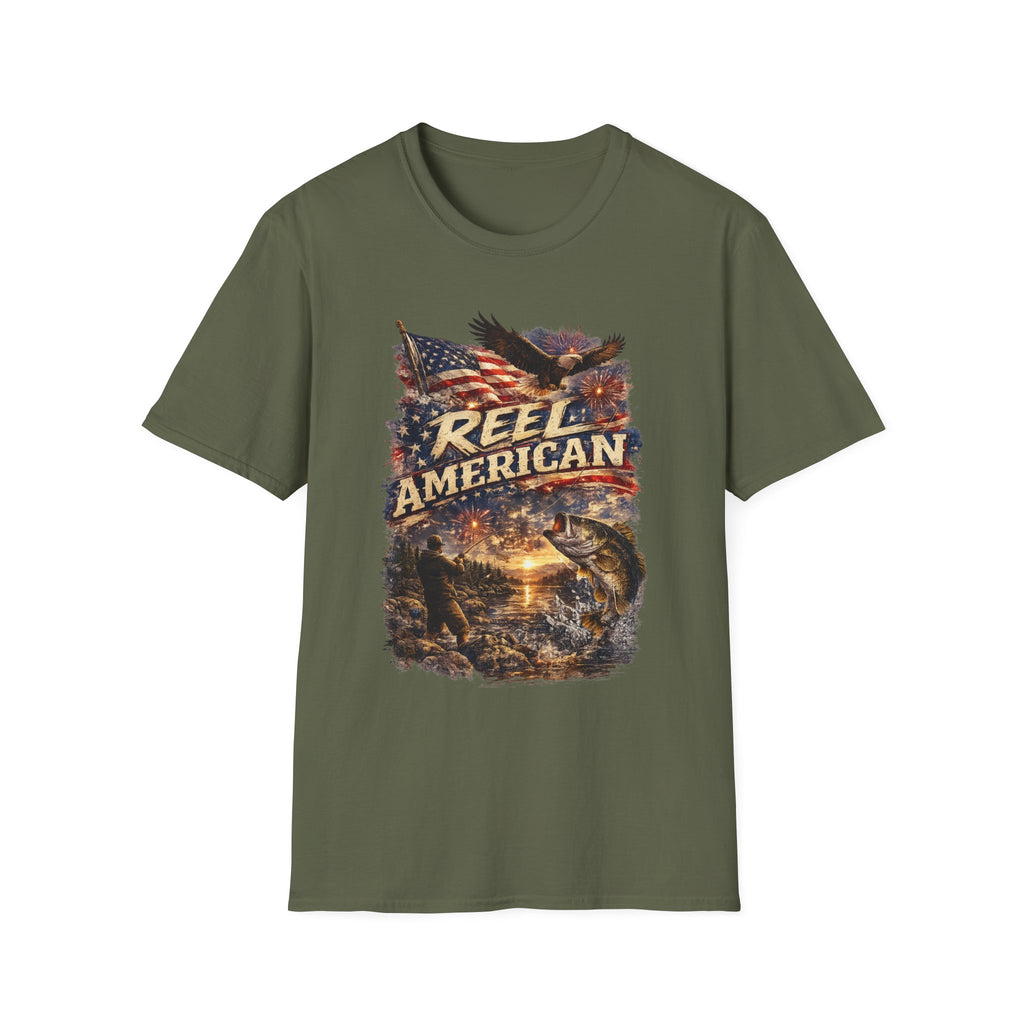 "Reel American" Eagle T-Shirt — Patriotic Fishing Shirt with Flag & Bald Eagle