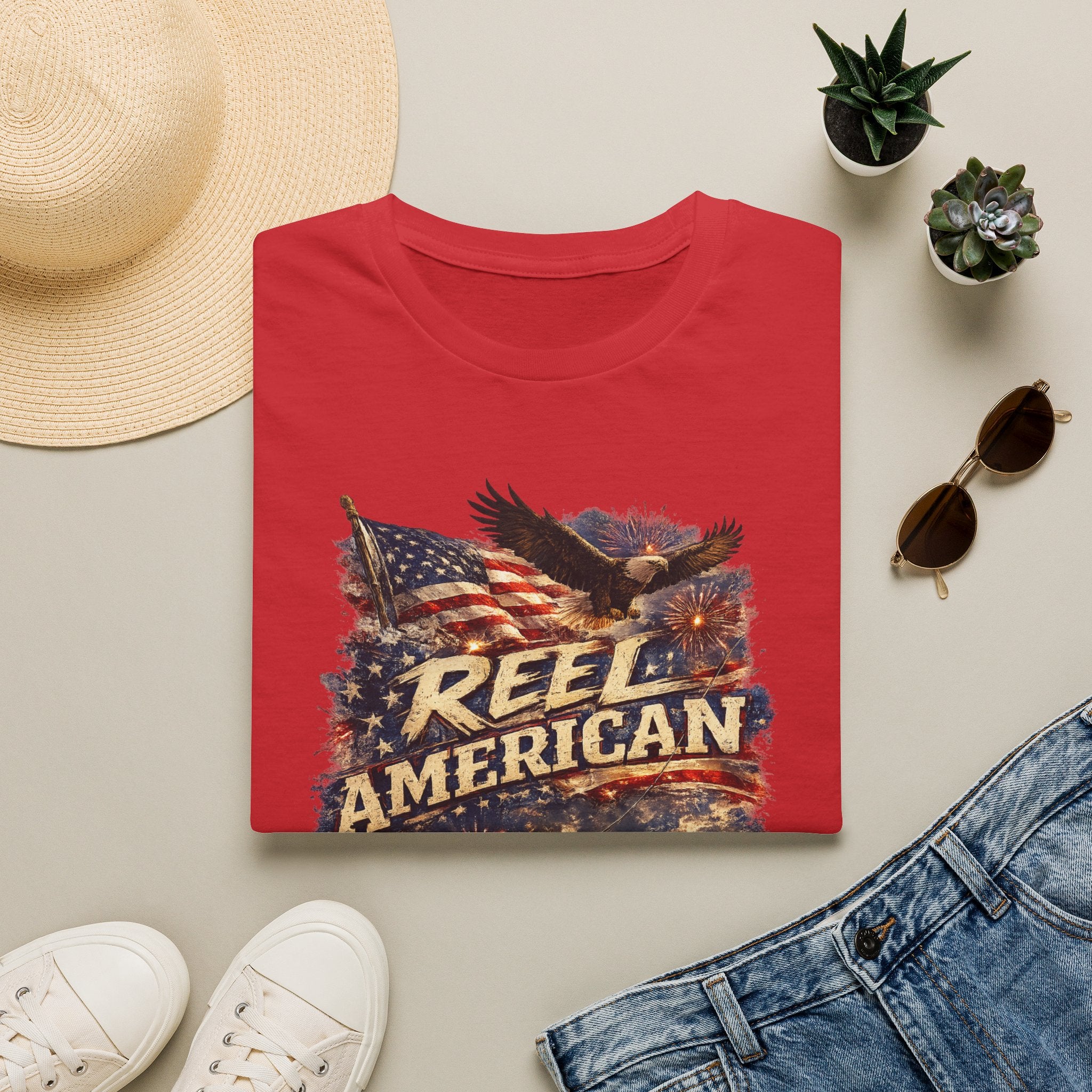 "Reel American" Eagle T-Shirt — Patriotic Fishing Shirt with Flag & Bald Eagle