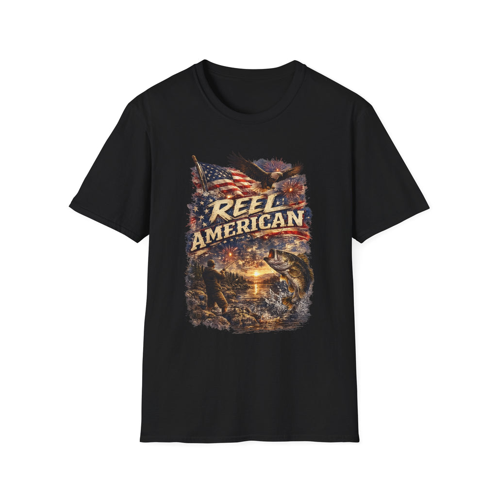 "Reel American" Eagle T-Shirt — Patriotic Fishing Shirt with Flag & Bald Eagle