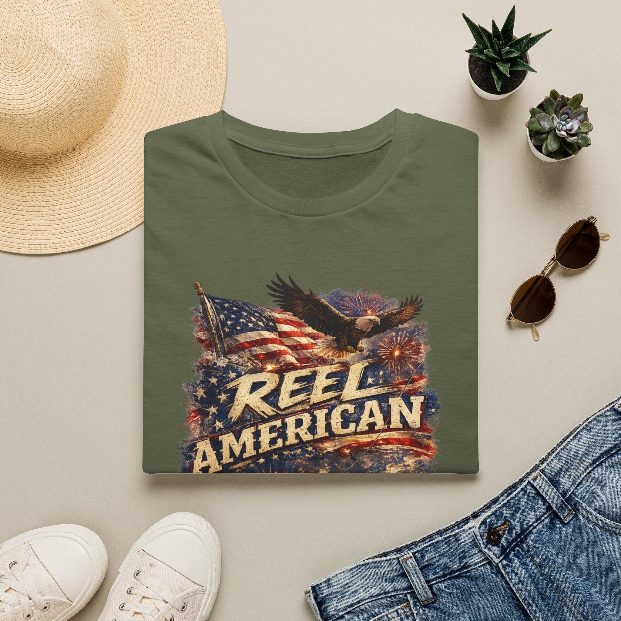 "Reel American" Eagle T-Shirt — Patriotic Fishing Shirt with Flag & Bald Eagle