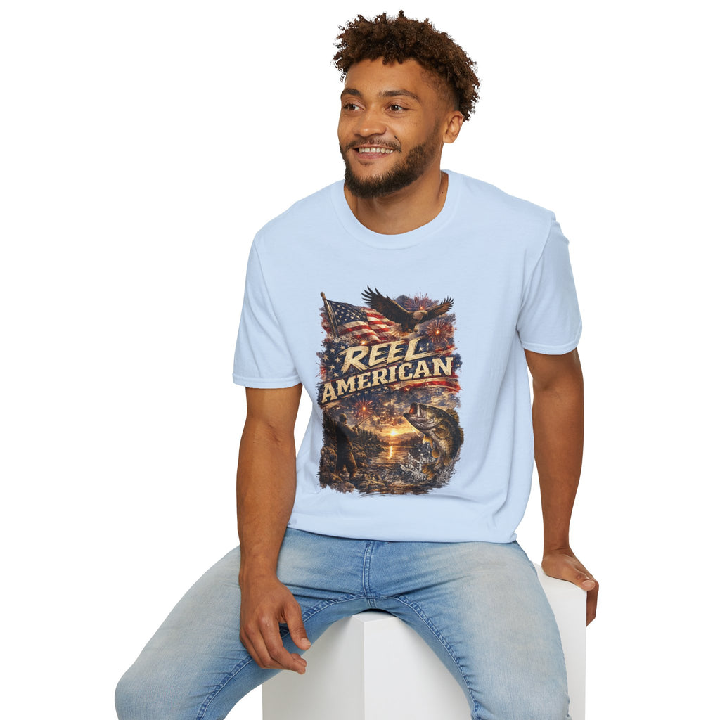 "Reel American" Eagle T-Shirt — Patriotic Fishing Shirt with Flag & Bald Eagle
