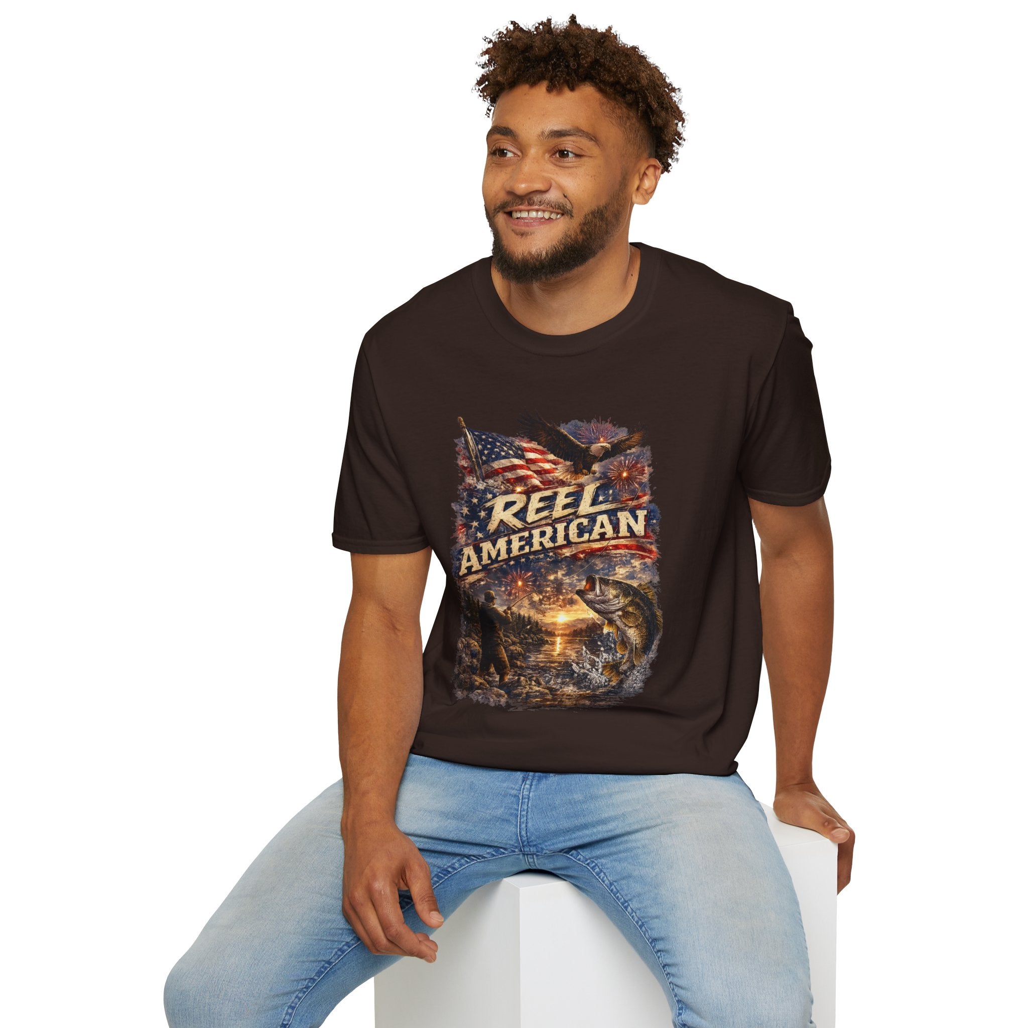 "Reel American" Eagle T-Shirt — Patriotic Fishing Shirt with Flag & Bald Eagle